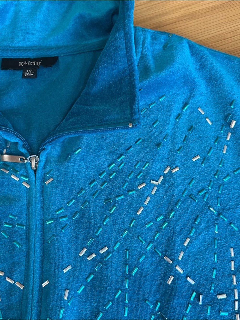 Kaktus Teal Velour Beaded Zip-Up Sweatshirt